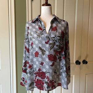 Pleione Red and Gray Long Sleeve Notched Collar Tunic